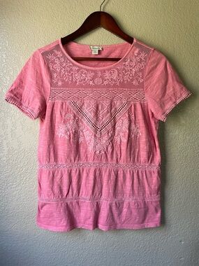 Sundance Womens XS Pink Floral Eyelet Embroidered Short Sleeve Cotton T Shirt